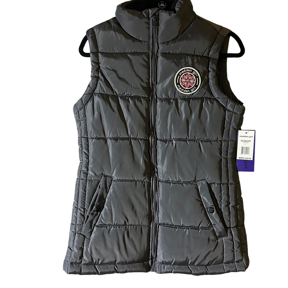 Madden Girl Women‎ Puffer Vest bl Patch Front Zip Pockets Size S NWTvck
